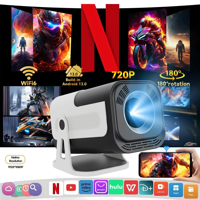HY320 Mini Projector – 4K Supported Android 13 Portable Projector with Native 720P, 390 ANSI Lumens, WiFi 6 & Bluetooth 5.0