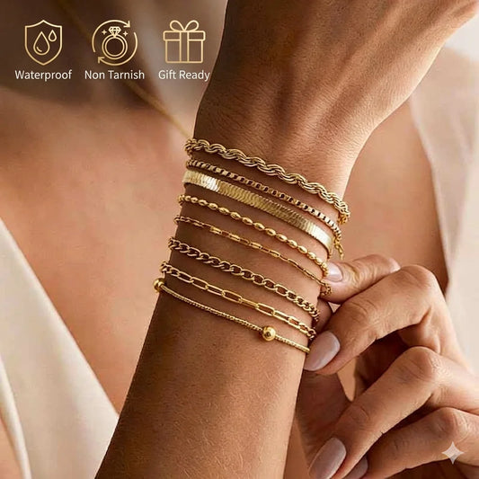 Pulsera de espiga de acero inoxidable que no se empaña – Pulsera de cadena apilable impermeable bañada en oro para mujer | Regalo de joyería de moda