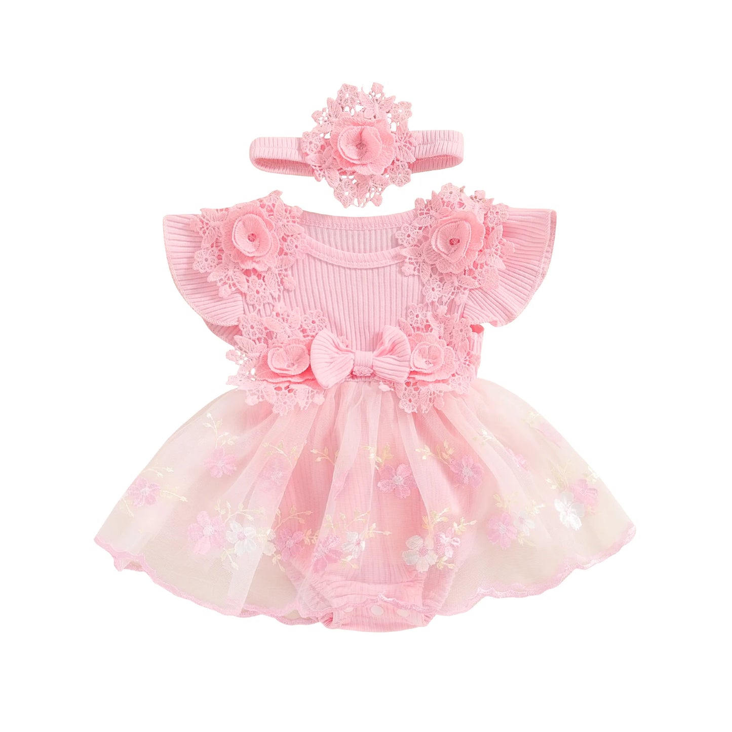 Vestido de mameluco 3D con flores para bebé – Body de malla de princesa de verano con volantes de encaje, conjunto de recién nacido con diadema a juego, ropa linda para niños para ocasiones especiales y uso diario