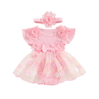 Vestido de mameluco 3D con flores para bebé – Body de malla de princesa de verano con volantes de encaje, conjunto de recién nacido con diadema a juego, ropa linda para niños para ocasiones especiales y uso diario