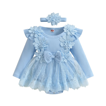 Vestido de mameluco 3D con flores para bebé – Body de malla de princesa de verano con volantes de encaje, conjunto de recién nacido con diadema a juego, ropa linda para niños para ocasiones especiales y uso diario