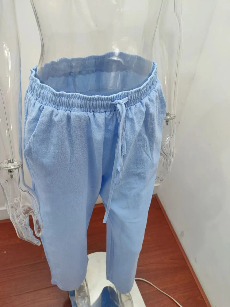 Pantalones anchos de lino y algodón para mujer de cintura alta, sueltos, de cáñamo, informales, transpirables, para verano y otoño