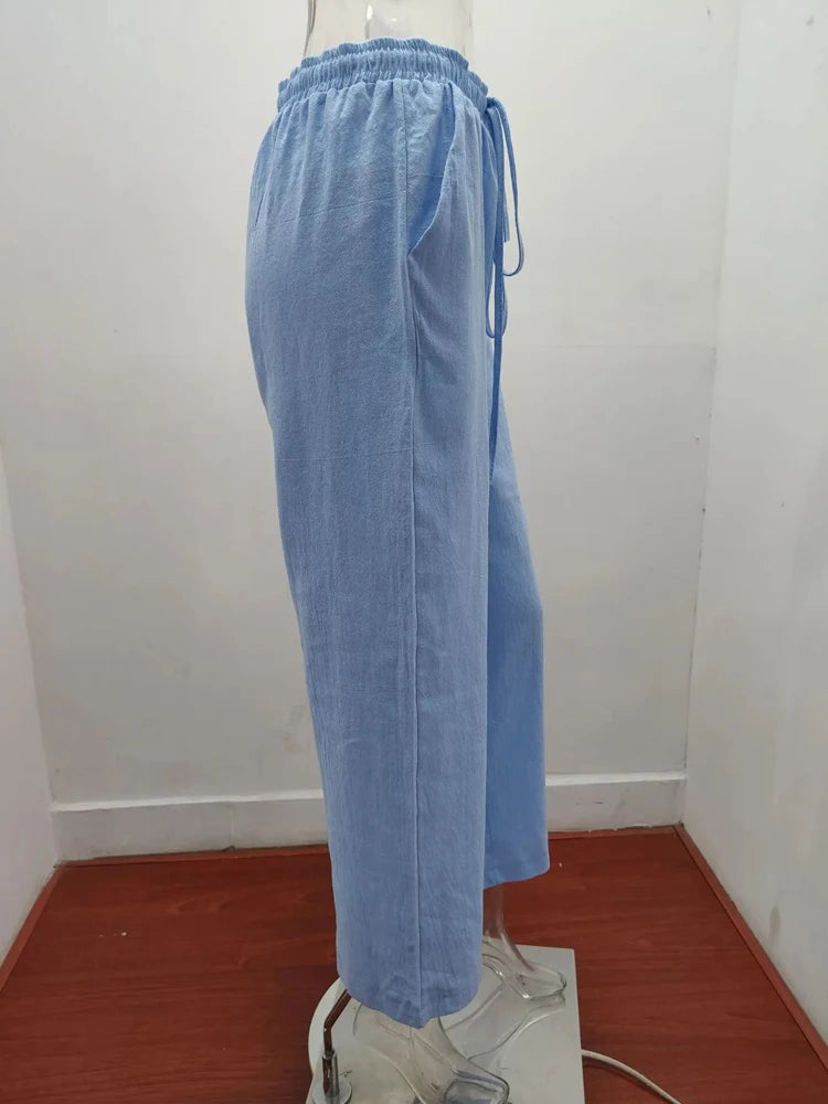 Pantalones anchos de lino y algodón para mujer de cintura alta, sueltos, de cáñamo, informales, transpirables, para verano y otoño