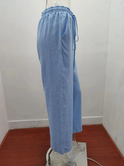 Pantalones anchos de lino y algodón para mujer de cintura alta, sueltos, de cáñamo, informales, transpirables, para verano y otoño
