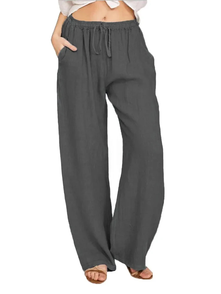Pantalones anchos de lino y algodón para mujer de cintura alta, sueltos, de cáñamo, informales, transpirables, para verano y otoño