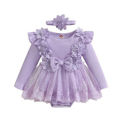 Vestido de mameluco 3D con flores para bebé – Body de malla de princesa de verano con volantes de encaje, conjunto de recién nacido con diadema a juego, ropa linda para niños para ocasiones especiales y uso diario