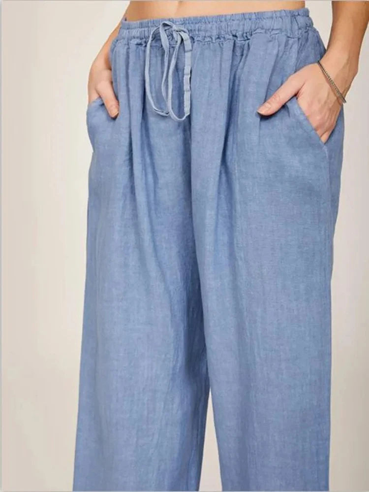 Pantalones anchos de lino y algodón para mujer de cintura alta, sueltos, de cáñamo, informales, transpirables, para verano y otoño