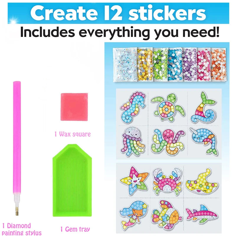 Kit de pegatinas de pintura de diamantes grandes de 12 piezas – Manualidades de mosaico de unicornio, animales y vida marina para niños