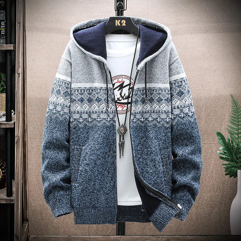 Men's Winter Plaid Hooded Cardigan Sweater Jacket Fleece Lined Warm Zipper Coat Checkered Knit Jumper for Autumn and Winter