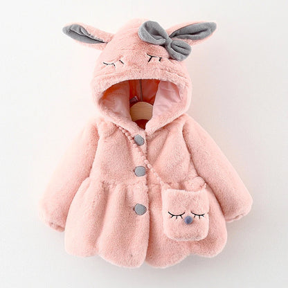 Cute Rabbit Ears Baby Jacket, Plush Hooded Winter Coat for Toddler Girls, Warm Princess Outerwear for Autumn and Christmas