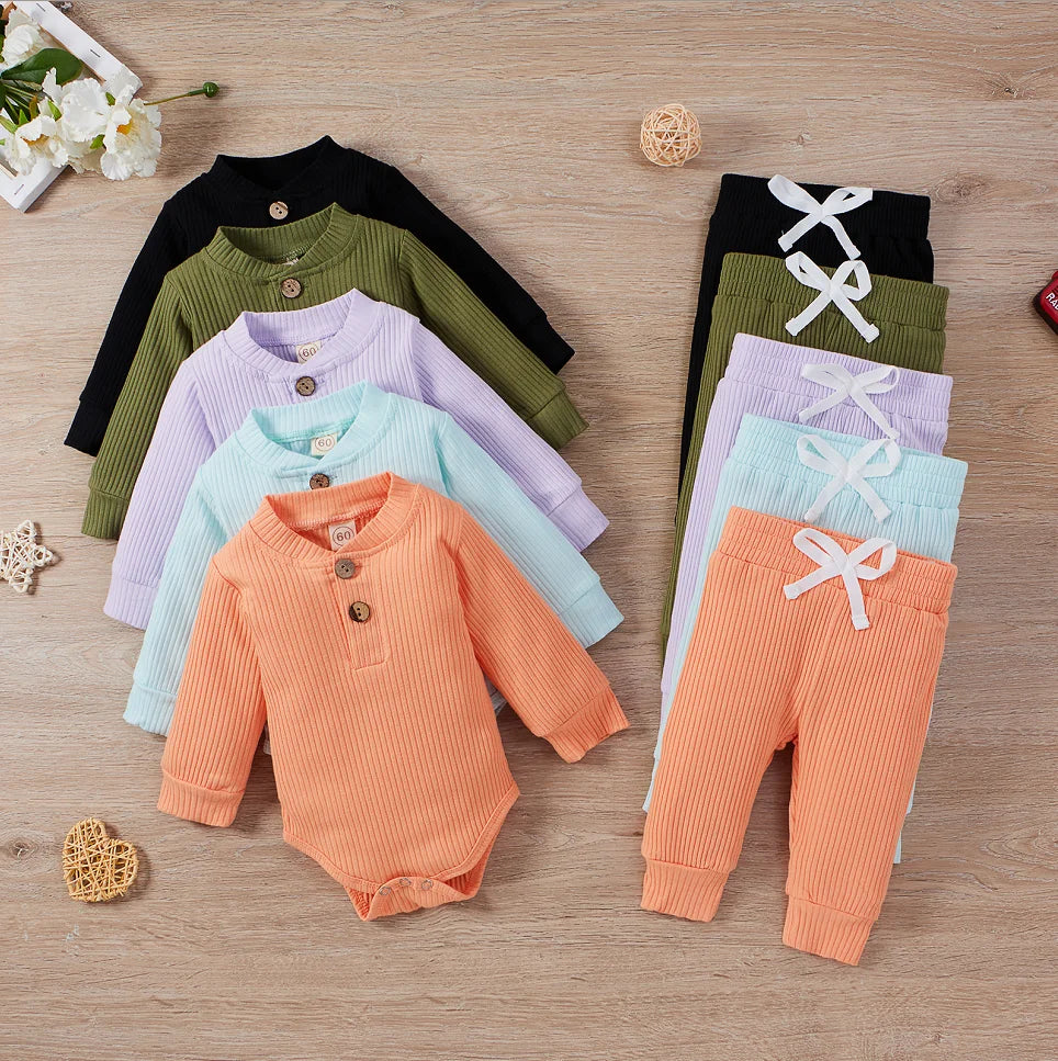Conjunto de ropa para bebé recién nacido – Body de manga larga acanalado y a cuadros con pantalones elásticos, conjunto de 2 piezas de primavera y otoño para bebés y niñas, conjunto de ropa suave e informal para niños pequeños