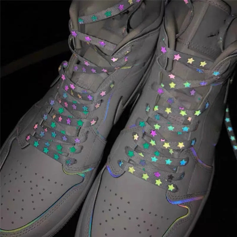 Holographic Reflective Star Shoelaces – Double-Sided High-Brightness Luminous Flat Laces for Sneakers, Fashion Shoe Accessories