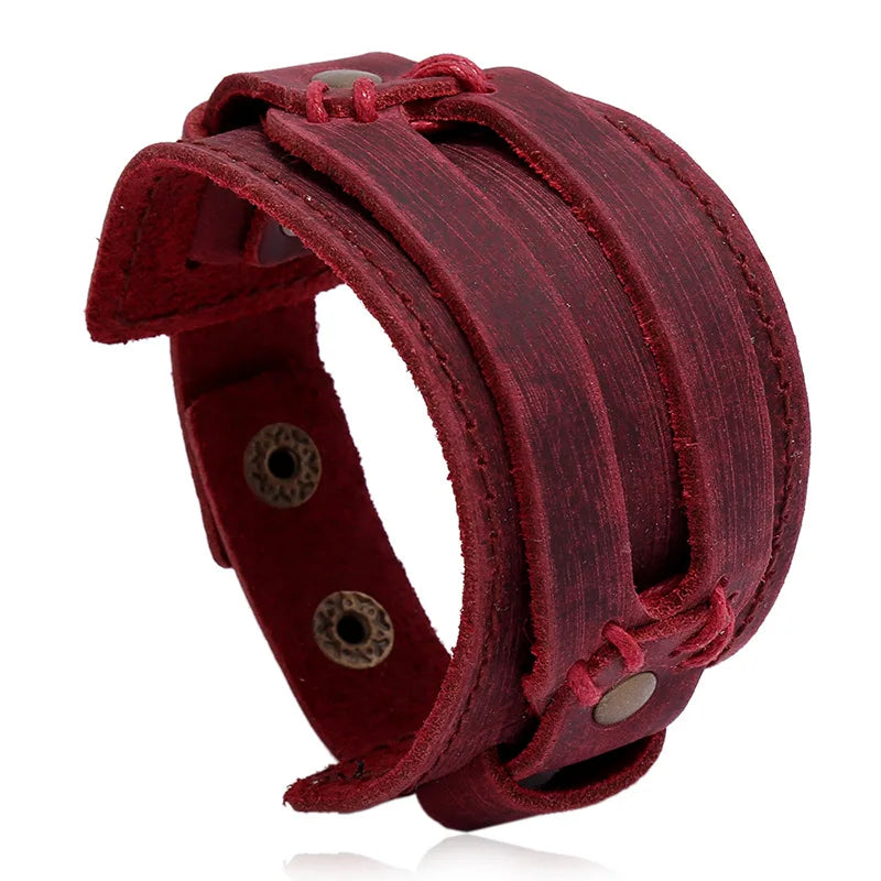 Modyle Wide Genuine Leather Cuff Bracelet – Vintage Brown & Black Punk Wristband for Men | Retro Fashion Jewelry Accessory