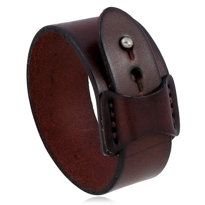 Modyle Wide Genuine Leather Cuff Bracelet – Vintage Brown & Black Punk Wristband for Men | Retro Fashion Jewelry Accessory