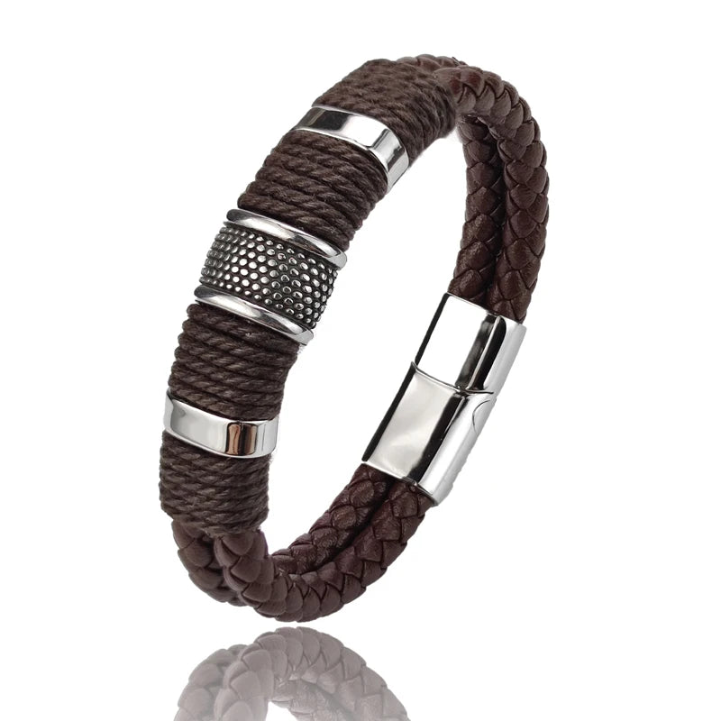 Luxury Vintage Leather Bracelet for Men – Multi-Layer Brown Leather & Stainless Steel Bead Wrist Bangle | Fashion Jewelry Gift