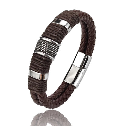 Luxury Vintage Leather Bracelet for Men – Multi-Layer Brown Leather & Stainless Steel Bead Wrist Bangle | Fashion Jewelry Gift