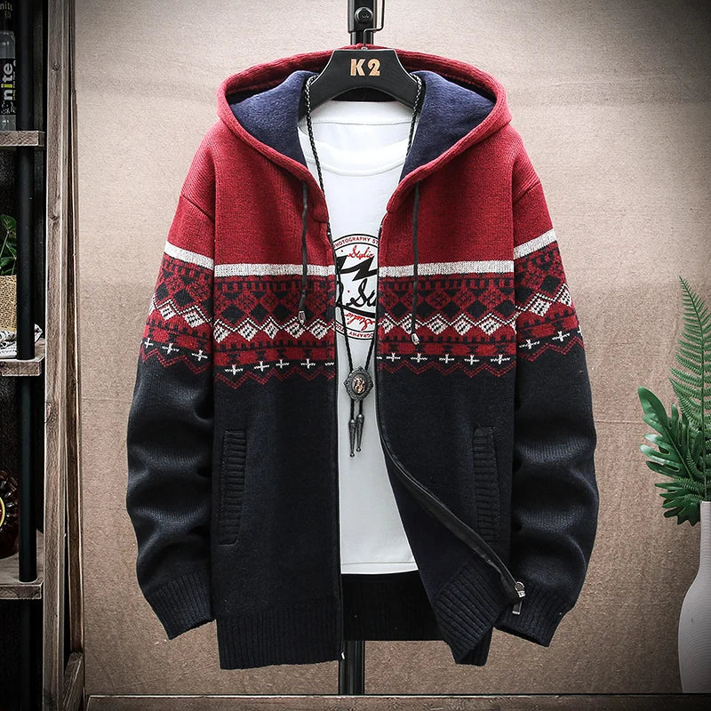 Men's Winter Plaid Hooded Cardigan Sweater Jacket Fleece Lined Warm Zipper Coat Checkered Knit Jumper for Autumn and Winter