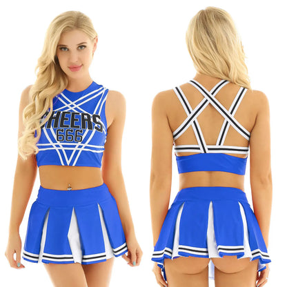 Women’s Cheerleader Cosplay Costume – Uniform Set (Crop Top + Mini Pleated Skirt, Carnival Outfit)