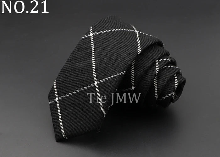 Men's 6cm Handmade Cotton Skinny Plaid Necktie – Slim Striped Grey Tie for Business, Casual & Wedding Wear