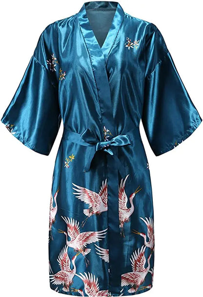 Silk Satin Floral Wedding Robe – Bride Bridesmaid Short Kimono Bathrobe Dressing Gown for Women