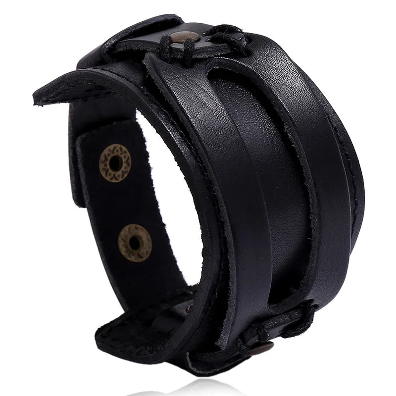 Modyle Wide Genuine Leather Cuff Bracelet – Vintage Brown & Black Punk Wristband for Men | Retro Fashion Jewelry Accessory