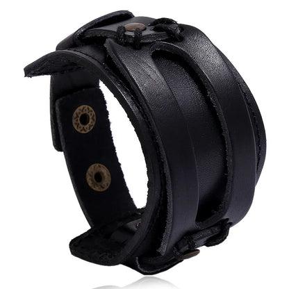 Modyle Wide Genuine Leather Cuff Bracelet – Vintage Brown & Black Punk Wristband for Men | Retro Fashion Jewelry Accessory