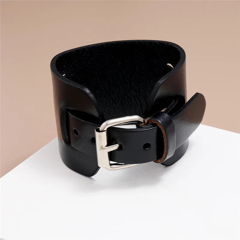 Modyle Wide Genuine Leather Cuff Bracelet – Vintage Brown & Black Punk Wristband for Men | Retro Fashion Jewelry Accessory