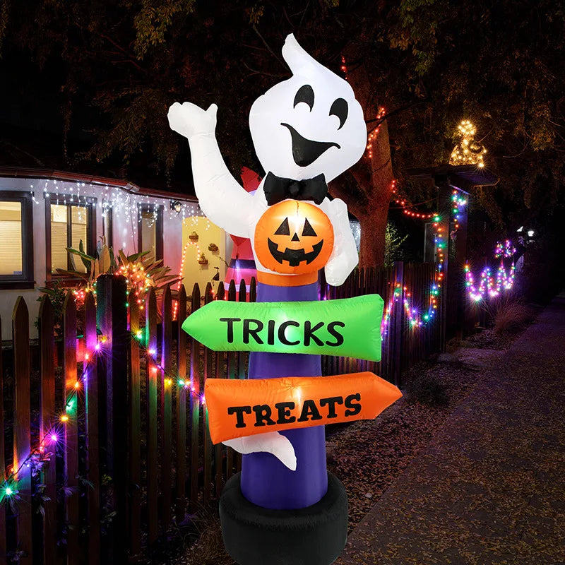 2.4M Large Halloween Inflatable Ghost Decoration – Ghost Holding Pumpkin Street Sign, Trick or Treat Yard & Party Decor