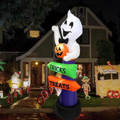 2.4M Large Halloween Inflatable Ghost Decoration – Ghost Holding Pumpkin Street Sign, Trick or Treat Yard & Party Decor