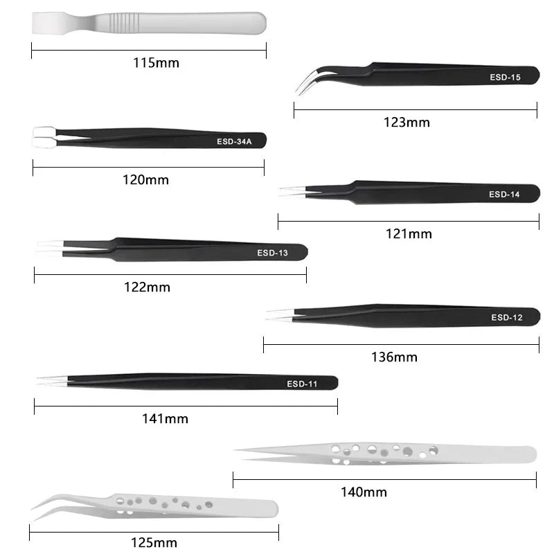 9PCS Precision Tweezers Set – Stainless Steel Anti-Static Repair Tools for Electronics, Mobile Phones & DIY