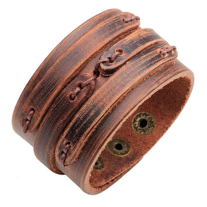 Modyle Wide Genuine Leather Cuff Bracelet – Vintage Brown & Black Punk Wristband for Men | Retro Fashion Jewelry Accessory