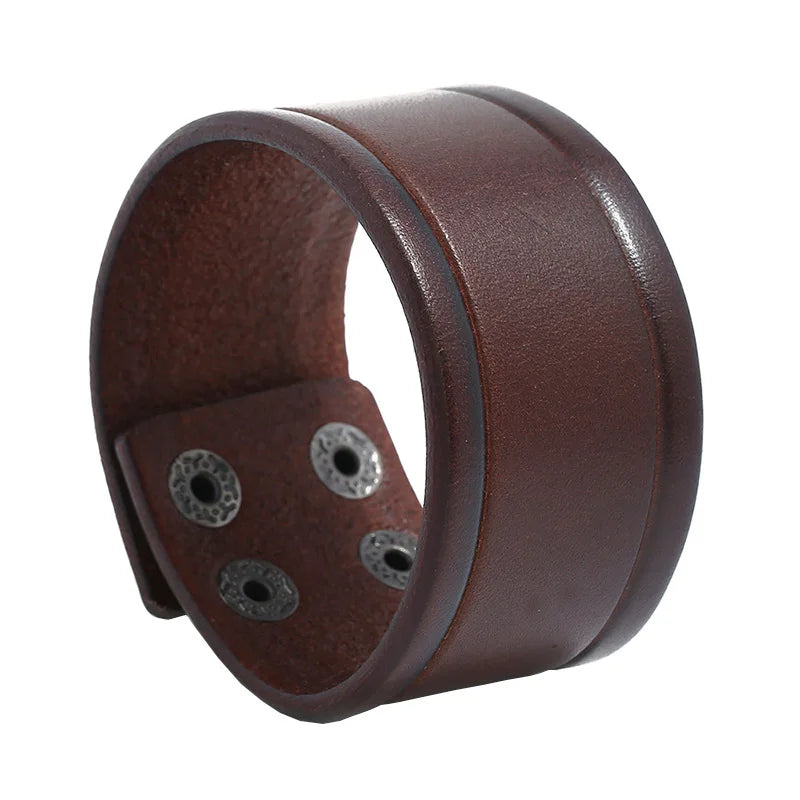 Modyle Wide Genuine Leather Cuff Bracelet – Vintage Brown & Black Punk Wristband for Men | Retro Fashion Jewelry Accessory