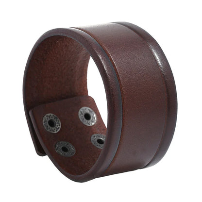 Modyle Wide Genuine Leather Cuff Bracelet – Vintage Brown & Black Punk Wristband for Men | Retro Fashion Jewelry Accessory
