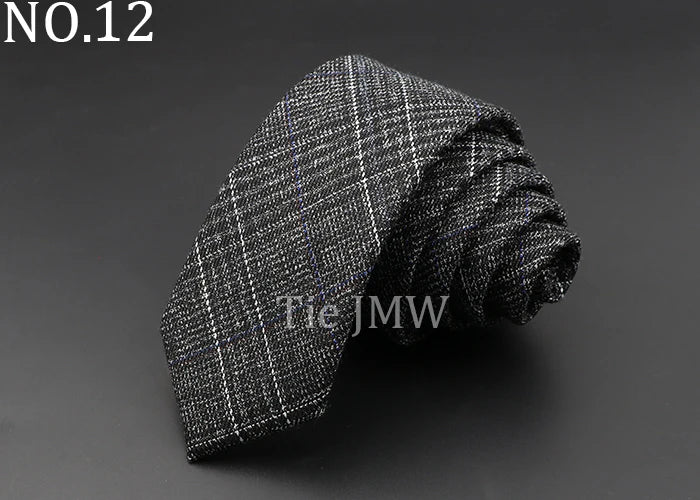 Men's 6cm Handmade Cotton Skinny Plaid Necktie – Slim Striped Grey Tie for Business, Casual & Wedding Wear