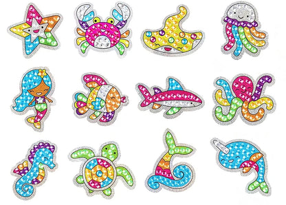Kit de pegatinas de pintura de diamantes grandes de 12 piezas – Manualidades de mosaico de unicornio, animales y vida marina para niños