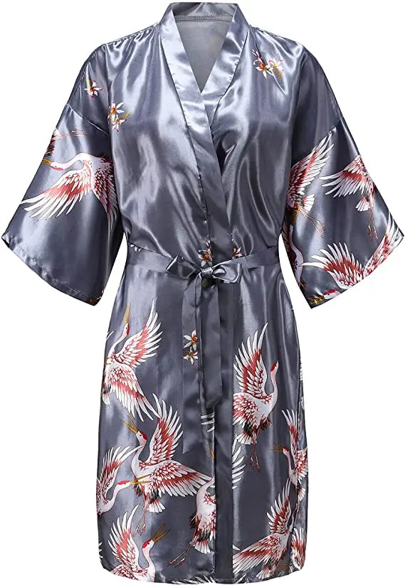 Silk Satin Floral Wedding Robe – Bride Bridesmaid Short Kimono Bathrobe Dressing Gown for Women