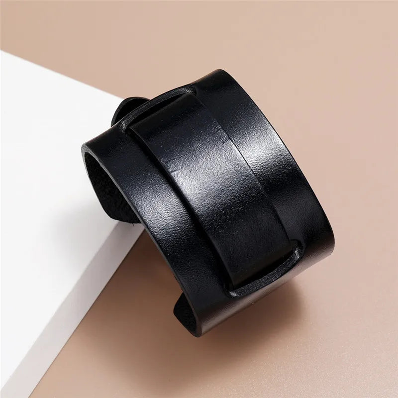 Modyle Wide Genuine Leather Cuff Bracelet – Vintage Brown & Black Punk Wristband for Men | Retro Fashion Jewelry Accessory