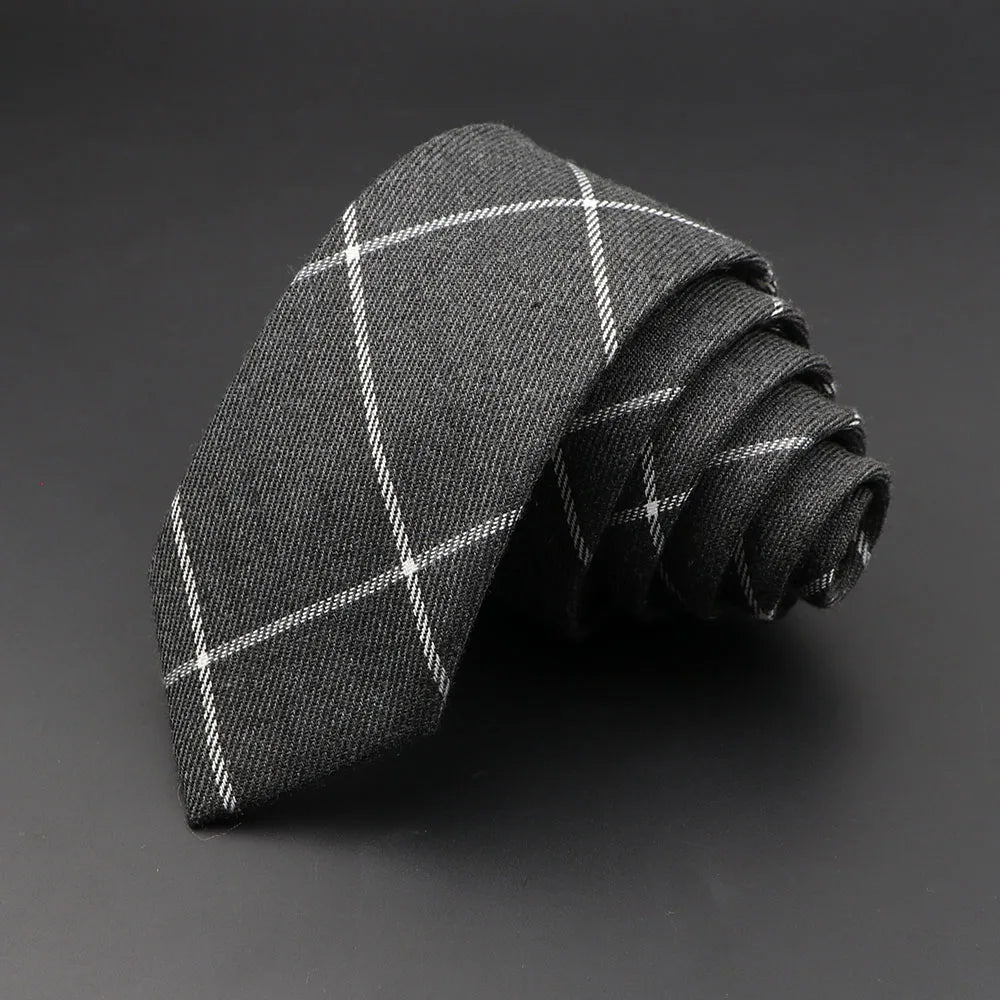 Men's 6cm Handmade Cotton Skinny Plaid Necktie – Slim Striped Grey Tie for Business, Casual & Wedding Wear