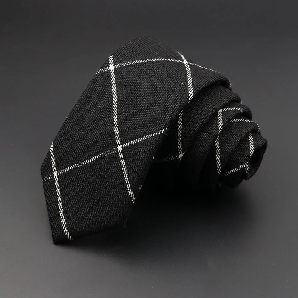 Men's 6cm Handmade Cotton Skinny Plaid Necktie – Slim Striped Grey Tie for Business, Casual & Wedding Wear