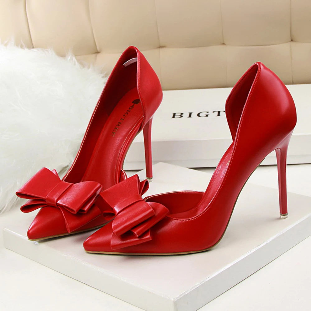 Women's Pointed Toe Stiletto High Heels with Bow Elegant Korean Wedding Pumps
