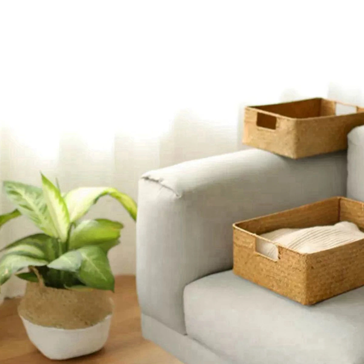 Zerolife Panier en jonc de mer naturel tressé – Grand panier de rangement en osier de paille pour la décoration intérieure, corbeille à fruits et à pain de table, organiseur de serviettes, récipient de rangement de cuisine et panier de ferme rustique