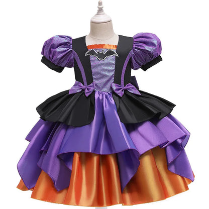 Girls Pumpkin Halloween Costume Dress – Fancy Bat Print Witch Princess Ball Gown for Cosplay, Festival & Party