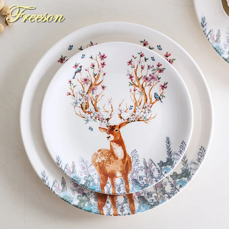 Elk Reindeer Ceramic Serving Plates – Christmas Deer Snack, Cake & Candy Dishes with Porcelain Tray for Fruit & Table Decor