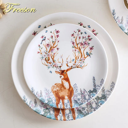Elk Reindeer Ceramic Serving Plates – Christmas Deer Snack, Cake & Candy Dishes with Porcelain Tray for Fruit & Table Decor