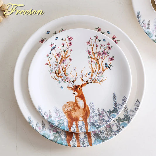 Elk Reindeer Ceramic Serving Plates – Christmas Deer Snack, Cake & Candy Dishes with Porcelain Tray for Fruit & Table Decor