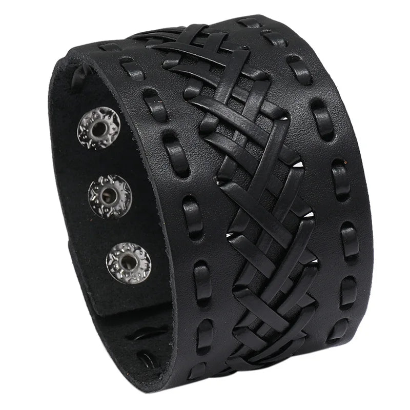 Modyle Wide Genuine Leather Cuff Bracelet – Vintage Brown & Black Punk Wristband for Men | Retro Fashion Jewelry Accessory
