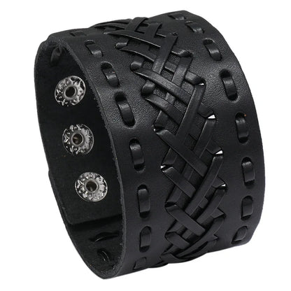 Modyle Wide Genuine Leather Cuff Bracelet – Vintage Brown & Black Punk Wristband for Men | Retro Fashion Jewelry Accessory