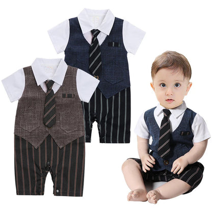 Baby Boy Gentleman Romper Set – Striped Vest Jumpsuit with Matching Tie, Formal Newborn Outfit for 3-24 Months