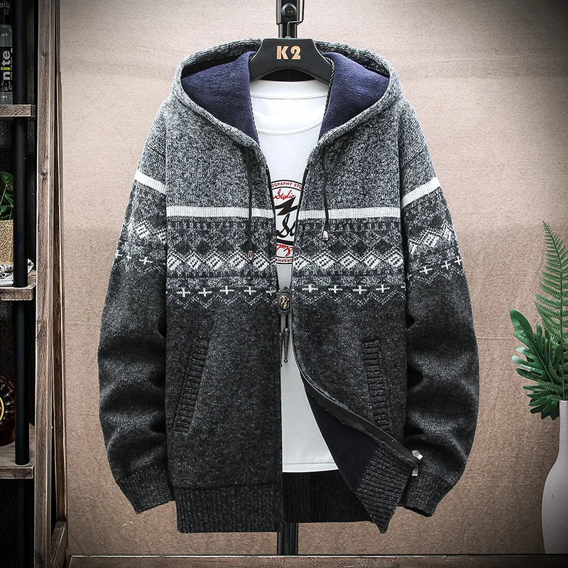 Men's Winter Plaid Hooded Cardigan Sweater Jacket Fleece Lined Warm Zipper Coat Checkered Knit Jumper for Autumn and Winter