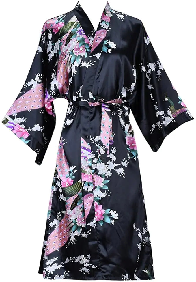 Silk Satin Floral Wedding Robe – Bride Bridesmaid Short Kimono Bathrobe Dressing Gown for Women